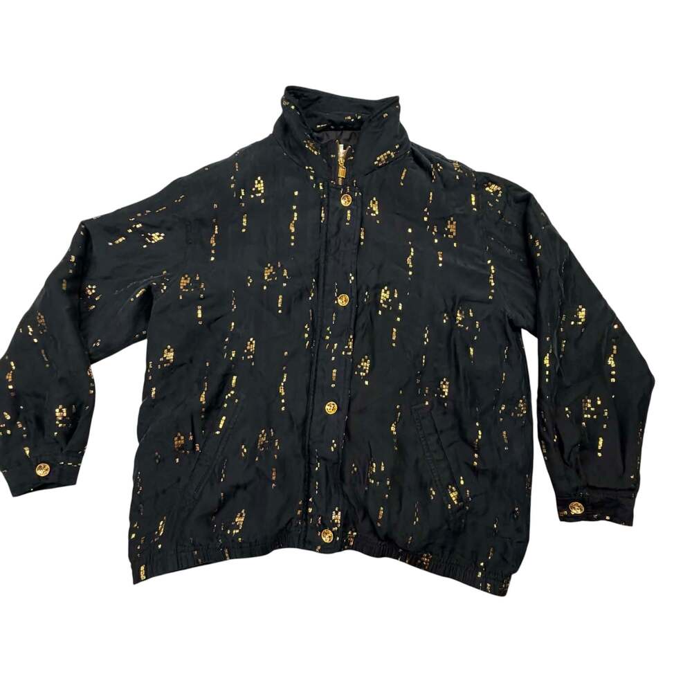 Mureli Vintage 100% Silk Gold-Speckled Black Bomber Jacket